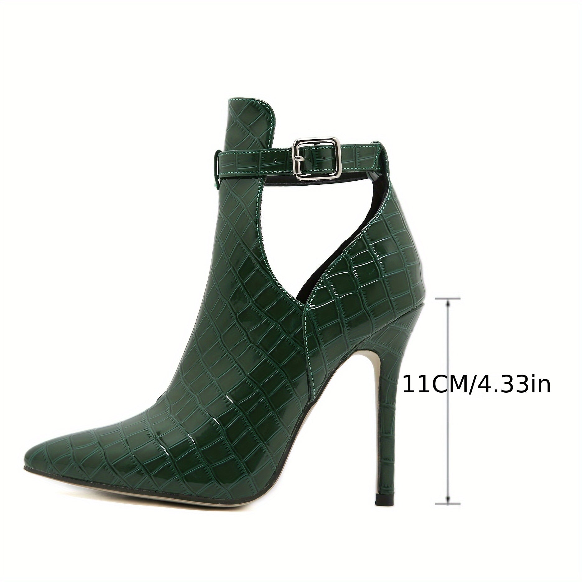 Women'S Fashion Ankle Boots, Green Crocodile Pattern, Stiletto Heel, Belt Buckle Detail, Pointed Toe, Synthetic, Non-Washable, All-Season, Rubber Sole, Fabric Insole